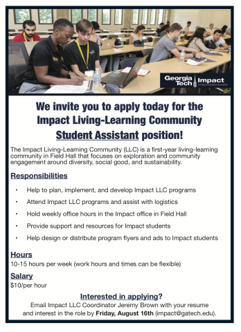 Impact LLC students and information on student assistant position.
