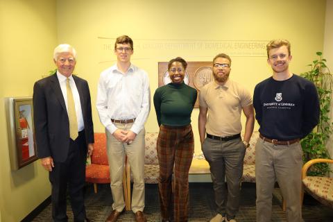 Bill George took time to meet with several groups of students on the day of his visit.
