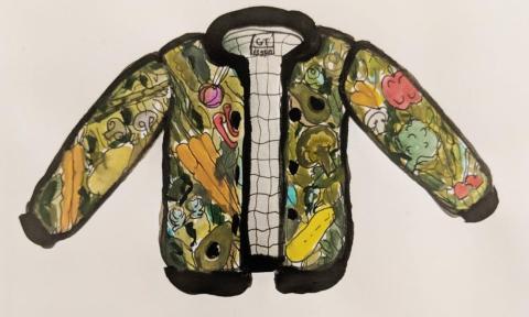 Drawing of a jacket whose fabric is patterned with different vegetables.