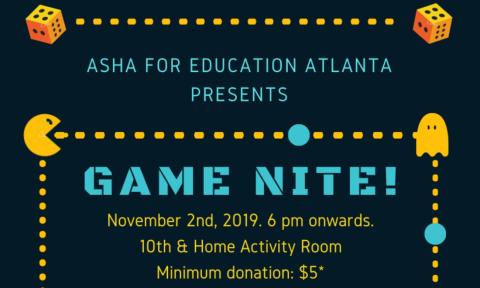 Flyer for Asha for Education Atlanta's Game Nite.