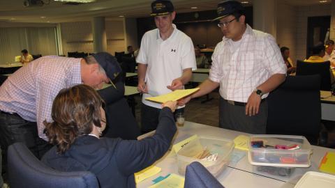 Picture taken during the Strength Finders  Work Session - (seated Beckie Lehlbach, Dell, bending Jason Sonnbichler  DB Schenker, standing Left Ed Stachowiak Otis Elevators, standing right  James Koo, Kia Motors)