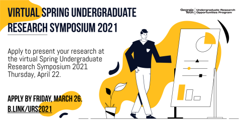 Cartoon of a man presenting a scientific poster, advertising the virtual spring undergraduate research symposium for 2021