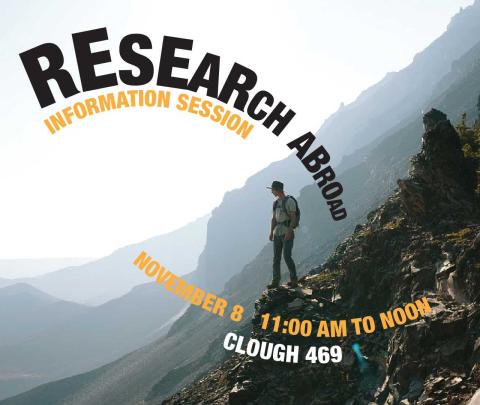 Photo of a person standing on a cliff overlaid with the information for the Research Abroad Info Session