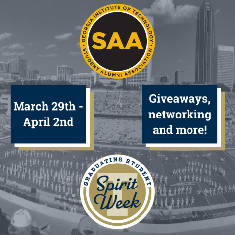 SAA Logo with a gold circle advertising graduating student spirit week overlaying a grayed out image of halftime at Bobby Dodd.
