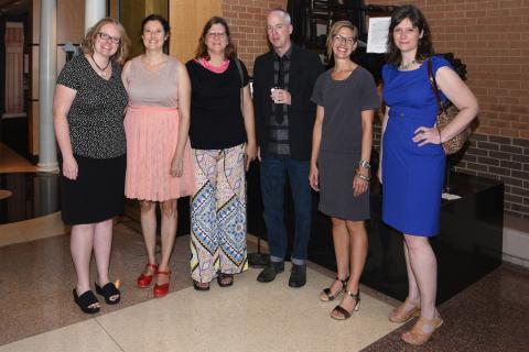Suzanne Sawyer, guest curator of the exhibit, shown far left, with featured artists Denise Bookwalter, Kerri Cushman, Doug Baulos, Lee Running, and Lauren Faulkenberry.