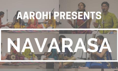 Several people singing/performing Indian classical music for the flyer for Aarohi's spring 2020 concert: Navarasa.