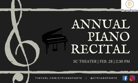 Flyer for PianoForte's inaugural Annual Piano Recital on 2/28/2020.