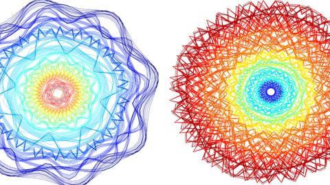 two images, each in a circular shape with intertwining lines of vibrant colors
