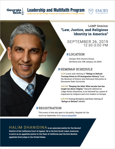 A flier for the event Law, Justice, and Religious Identity in America.