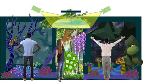 A computer animation of three people standing in various poses in front of a wildly colorful collage of images representing a forest  