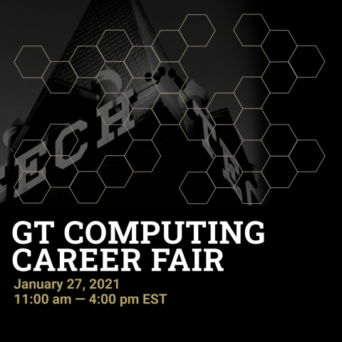 Banner with date and time for GT Computing Career Fair. January 27th at 11am-4pm EST