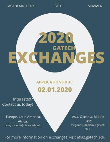 white location marker on a blue background, reminding students that the 2020 exchange deadline is February 1, 2020.