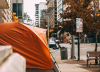 stock photo of a tent on a sidewalk in Austin, TX