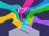 A digital drawing of several hands of different neon colors submitting ballots into a ballot box.