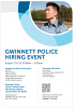 Photo of a police officer with information on the Gwinnett Police Hiring Event being held August 17-18, 2019.