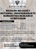 A photo of a library serves as a backdrop for information on the Richard Macksey National Undergraduate Humanities Research Symposium. Information on the symposium can be found at mackseysymposium.org.
