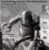 An illustration of a robot destroying a city advertises a discussion of technology versus the humanities on February 16, 2021.