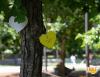 Paper hearts hangs from a campus tree displaying messages from a member of the campus community