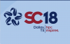 Supercomputing Logo: SC18 with blue background and dark blue star on the left with text that reads "HPC Inspires"