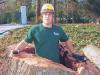 A tree-removal expert stands inside the stump of a