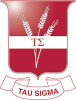 red badge with wheat behind a band with the greek letters tau and sigma. underneath is a banner reading tau sigma.