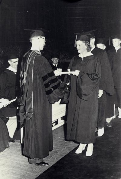 Diane Michel, the first woman to complete her degree from start to finish at Tech, graduates with a degree in industrial engineering in 1956.