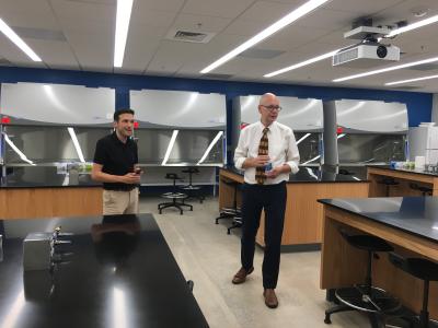 Juan Archila (left) and David Collard in a new biology lab in Boggs (Photo by Maureen Rouhi)