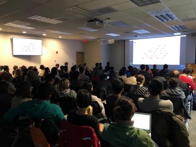 A standing-room-only audience listens during the Coronavirus Forum Monday in the Parker Petit Institute for Bioengineering and Biosciences. (Photo by Renay San Miguel.)