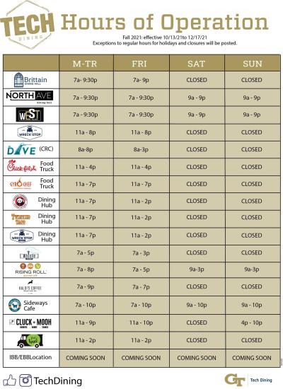 Tech Dining Hours of Operation Fall 2021