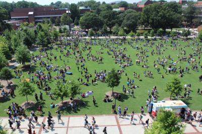 The Tech Green and Kessler Campanile crowd as seen from Clough&#039;s rooftop garden. (Photo by Renay San Miguel)