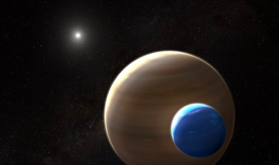 An artist&#039;s rendition of Kepler 1625b-i and its exomoon candidate in the foreground (Image Wikimedia Commons)