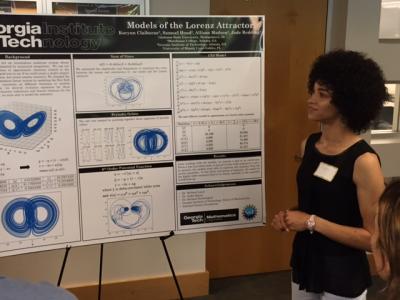 Korynna Claiborne presents her work at a July 12, 2017, poster session for undergraduates doing mathematics research at Georgia Tech. (Photo by Renay San Miguel.)