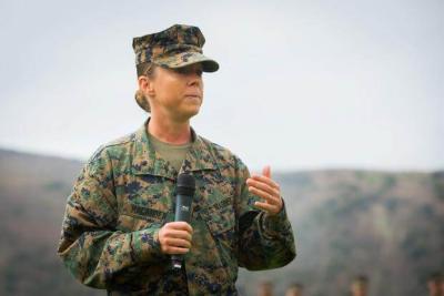 Nunn School alumna Lt. Col. Michelle I. Macander giving a speech during the Marine Corps Base Camp Pendelton’s change of command ceremony. (Audrey C. M. Rampton/U.S. Marine Corps)