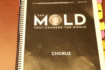 Brian Hammer&#039;s copy of the chorus lyrics from The Mold That Changed the World musical. (Photo Renay San Miguel) 