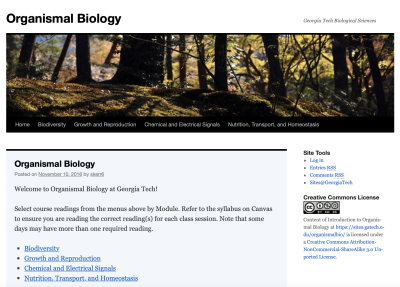 A screenshot of Organismal Biology, one of two introductory biology online textbooks written by School of Biological Sciences faculty. 