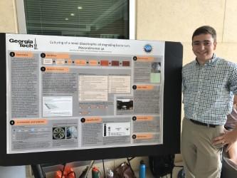 Patrick Heritier-Robbins, a second-year Tech student majoring in environmental engineering, presented at a July 26, 2017, poster session for summer undergraduate research participants. (Photo by Brian Hammer.)