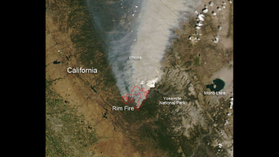 Rim Fire wildfire plume aerial view