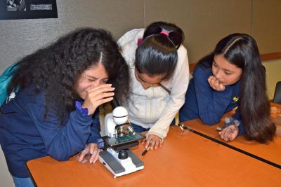 Three students examine how pixels in a smart phone create the color palette seen in device screens at the Day of Science workshop, hosted by the STEM Fair. 