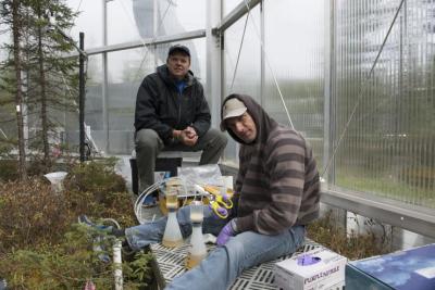 Joel Kostka (left) and postdoctoral assistant Max Kolton at the SPRUCE research facility in Minnesota. 