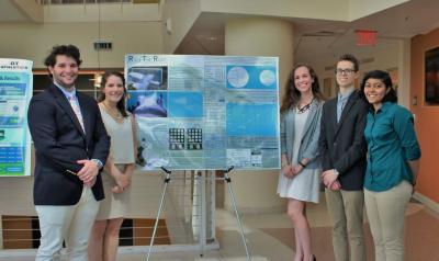 The “Rays the Roof” group presented their project in spring 2016 in the Ford ES&amp;T building.  Pictured from left to right: Rosenbaum, Snyder, Ploussard, Hamilton, and Aggarwal. Photo courtesy of Janet Ploussard.