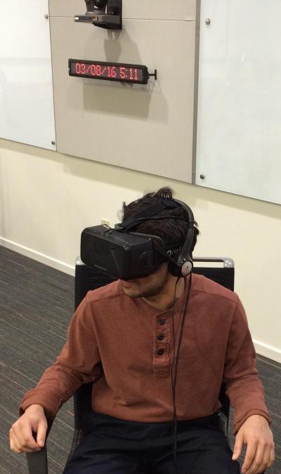 Sachin Mehta using the Oculus Rift Virtual Reality Simulator