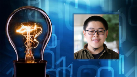 Square photo headshot of Georgia Tech 2023 Apple Scholar Jay Wang at right on digital binary blue field with illuminated transparent light bulb overlay at left 