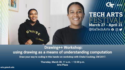  two different images, side by side, of a woman with her hair pulled tightly back, wearing a black shirt, smiling kindly. The image is framed by angled pinstripes in blue and gold TECH ART FESTIVAL Study My TECHnique March 27-April 21