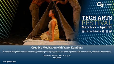 A photo of one dancer, she is sitting on the ground inside what looks to be a canvas tent. The photo is framed by angled pinstripes in blue and gold and the words TECH ARTs FESTIVAL March 27-April 21.