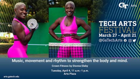 A Black woman with close cropped white curly hair wearing neon pink workout gear, standing behind a tennis net, her hands on her hips as she faces the camera with a smile. The image is framed by angled pinstripes in blue and gold TECH ART FESTIVAL March 27-April 21 