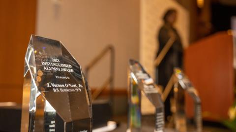 Image of the trophies handed out at the 2023 Distinguished Alumni Award ceremony