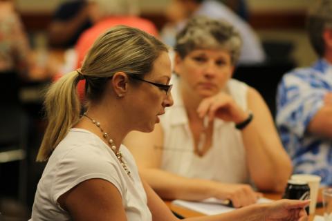 Faculty sit at tables during the Course Design Studio reflecting on their course design materials.