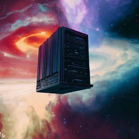 Digital art, a computer server floating in outer space, with a nebula in the distance