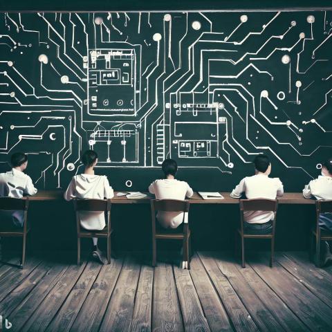 Studying studying at desks while a blackboard shows circuitry, digital art