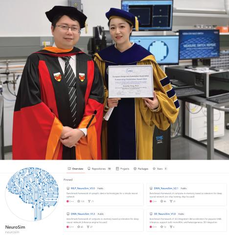 Peng and Yu in the research lab before the 2023 Spring Georgia Tech Commencement where Peng received her Ph.D. Peng is holding the EDAA’s Outstanding Dissertation Award for her NeuroSim series work. Below is a graphic of the NeuroSim open-source simulator on GitHub (https://github.com/neurosim).